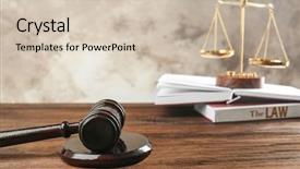  Presentation with court gavel - Slide deck enhanced with trial - court gavel on wooden table background and a soft green colored foreground