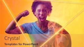  Presentation with female soccer - Slide set having triangle-neon-over-african-american background and a gold colored foreground