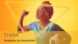  Presentation with female soccer - Slide deck featuring triangle-neon-over-african-american background and a yellow colored foreground