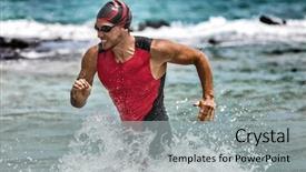  Presentation with swim suit - Beautiful slides featuring triathlete finishing swim time competition backdrop and a light gray colored foreground