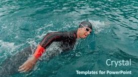  Presentation with trains - Slide set featuring triathlete-in-a-professional-swimming background and a ocean colored foreground
