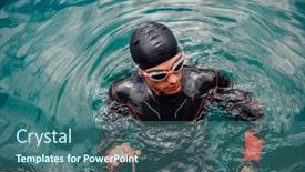  Presentation with swimmer - PPT layouts featuring triathlete-swimmer-portrait-wearing-wetsuit background and a ocean colored foreground