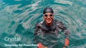  Presentation with swimmer - Presentation design with triathlete-swimmer-portrait-wearing-wetsuit background and a ocean colored foreground