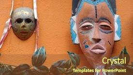  Presentation with face masks - Beautiful PPT theme featuring tribal face masks on wall backdrop and a  colored foreground