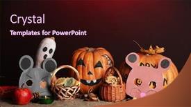  Presentation with masks - Colorful theme enhanced with trick or treat halloween masks and buckets filled with cookies on color background backdrop and a wine colored foreground