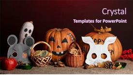  Presentation with masks - PPT theme with trick or treat halloween masks and buckets filled with cookies on color background background and a wine colored foreground