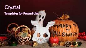  Presentation with masks - Theme consisting of trick or treat halloween masks and buckets filled with cookies on color background background and a wine colored foreground