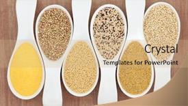  Presentation with papyrus - Theme enhanced with healthy grain food selection in white porcelain spoons over papyrus background polenta buckwheat couscous quinoa bulghur wheat and sweet rice left to right background and a coral colored foreground