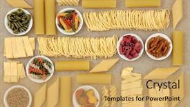  Presentation with hemp - Slide set having healthy italian pasta collection with coloured varieties forming an abstract background over natural hemp paper background background and a yellow colored foreground
