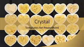  Presentation with porcelain - Slide deck consisting of pasta food selection in heart shaped porcelain dishes over dark wood background background and a yellow colored foreground