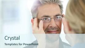  Presentation with optical - Presentation design with tried tested - mature man in optical store background and a sky blue colored foreground