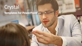  Presentation with optical medical - Colorful presentation enhanced with tried tested - optician with client trying eyeglasses backdrop and a  colored foreground