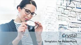  Presentation with glasses - Theme having tried tested - woman comparing glasses at optician background and a light blue colored foreground