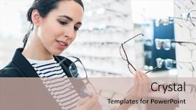  Presentation with glasses - PPT theme having tried tested - woman comparing glasses at optician background and a soft green colored foreground