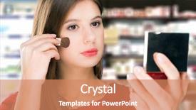  Presentation with beauty shop - Cool new PPT theme with tried tested - woman trying a product backdrop and a coral colored foreground