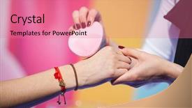  Presentation with gadget - Presentation design enhanced with tried tested - women trying beauty gadget background and a coral colored foreground