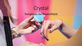  Presentation with gadget - PPT theme having tried tested - women trying beauty gadget background and a coral colored foreground