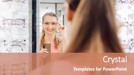  Presentation with optometrist - PPT layouts with tried tested - young woman trying fashionable glasses background and a coral colored foreground