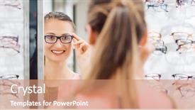  Presentation with optometrist - Amazing presentation theme having tried tested - young woman trying fashionable glasses backdrop and a coral colored foreground