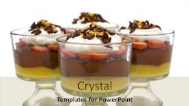  Presentation with chocolate and vanilla - Theme consisting of trifle with chocolate pudding vanilla pudding strawberries chocolate cake whip cream walnuts and chocolate curls background and a yellow colored foreground