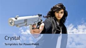  Presentation with shooting - Cool new PPT theme with trigger finger - mafia girl shooting at cold backdrop and a light blue colored foreground