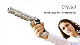  Presentation with ready - Slides enhanced with trigger finger - young blonde ready to shoot background and a white colored foreground