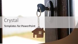  Presentation with house key - Presentation consisting of trinket in shape of house on the key in the keyhole background and a white colored foreground