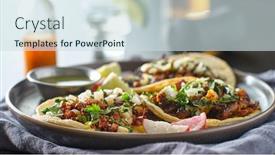  Presentation with tacos - Colorful presentation theme enhanced with trio-mexican-carne-asada-tacos backdrop and a sky blue colored foreground
