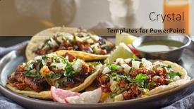  Presentation with tacos - Beautiful slide set featuring trio-mexican-carne-asada-tacos backdrop and a coral colored foreground