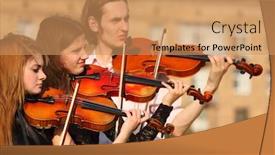  Presentation with dancer music outdoor - PPT theme consisting of trio of violinists plays outdoor background and a coral colored foreground