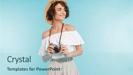  Presentation with photo - Audience pleasing slide set consisting of trip - portrait of a smiling young backdrop and a light blue colored foreground