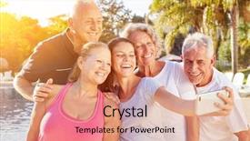  Presentation with vacation visit - PPT theme having trip generation - senior group makes selfie background and a coral colored foreground