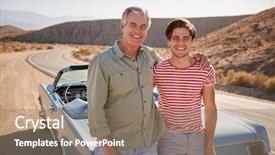  Presentation with road trip cars - Theme consisting of trip standing by car close background and a coral colored foreground