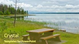  Presentation with green lake - Presentation featuring triple saut - picnic table at green lake background and a tawny brown colored foreground