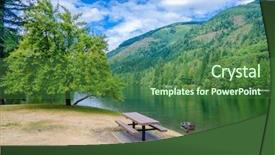  Presentation with mountain lake - Colorful presentation theme enhanced with triple saut - picnic tables near mountain lake backdrop and a forest green colored foreground