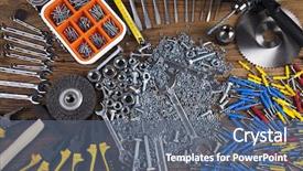  Presentation with wood tools - Slide set having triplet - assorted work tools on wood background and a  colored foreground