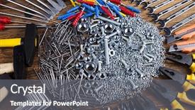  Presentation with wood tools - Presentation with triplet - assorted work tools on wood background and a  colored foreground