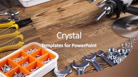  Presentation with tools - Presentation design having triplet - working tools on wooden background background and a  colored foreground