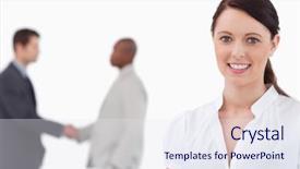  Presentation with shaking hands - PPT theme enhanced with trist business people - smiling saleswoman with hands shaking background and a  colored foreground