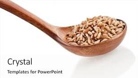  Presentation with pure white - Theme consisting of triticum - grains spelt in spoon close background and a  colored foreground