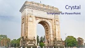  Presentation with romania - Beautiful PPT theme featuring triumph arch - landmark in bucharest backdrop and a sky blue colored foreground