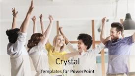  Presentation with victory team - PPT theme with triumph gesture people and team background and a soft green colored foreground