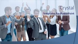  Presentation with team leader - Amazing PPT layouts having triumphant-business-team-congratulating backdrop and a sky blue colored foreground