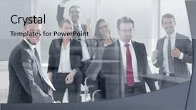  Presentation with conference - Slides enhanced with triumphant business team standing background and a light gray colored foreground