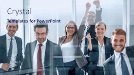  Presentation with conference - Presentation design enhanced with triumphant-business-team-standing background and a sky blue colored foreground