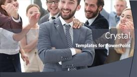  Presentation with leader and communicate - Audience pleasing theme consisting of triumphant-group-of-staff-congratulating backdrop and a gray colored foreground