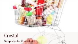  Presentation with groceries cart - PPT layouts with trolley - shopping cart full with various background and a sky blue colored foreground