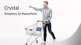  Presentation with shopping trolley - Beautiful slide set featuring trolley and pointing finger away backdrop and a white colored foreground