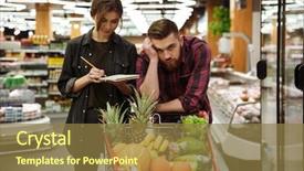  Presentation with products supermarket - PPT theme with trolley choosing products tired man background and a tawny brown colored foreground