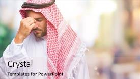  Presentation with young man on the phone - Presentation featuring trompe l oeil - young handsome man wearing keffiyeh background and a  colored foreground